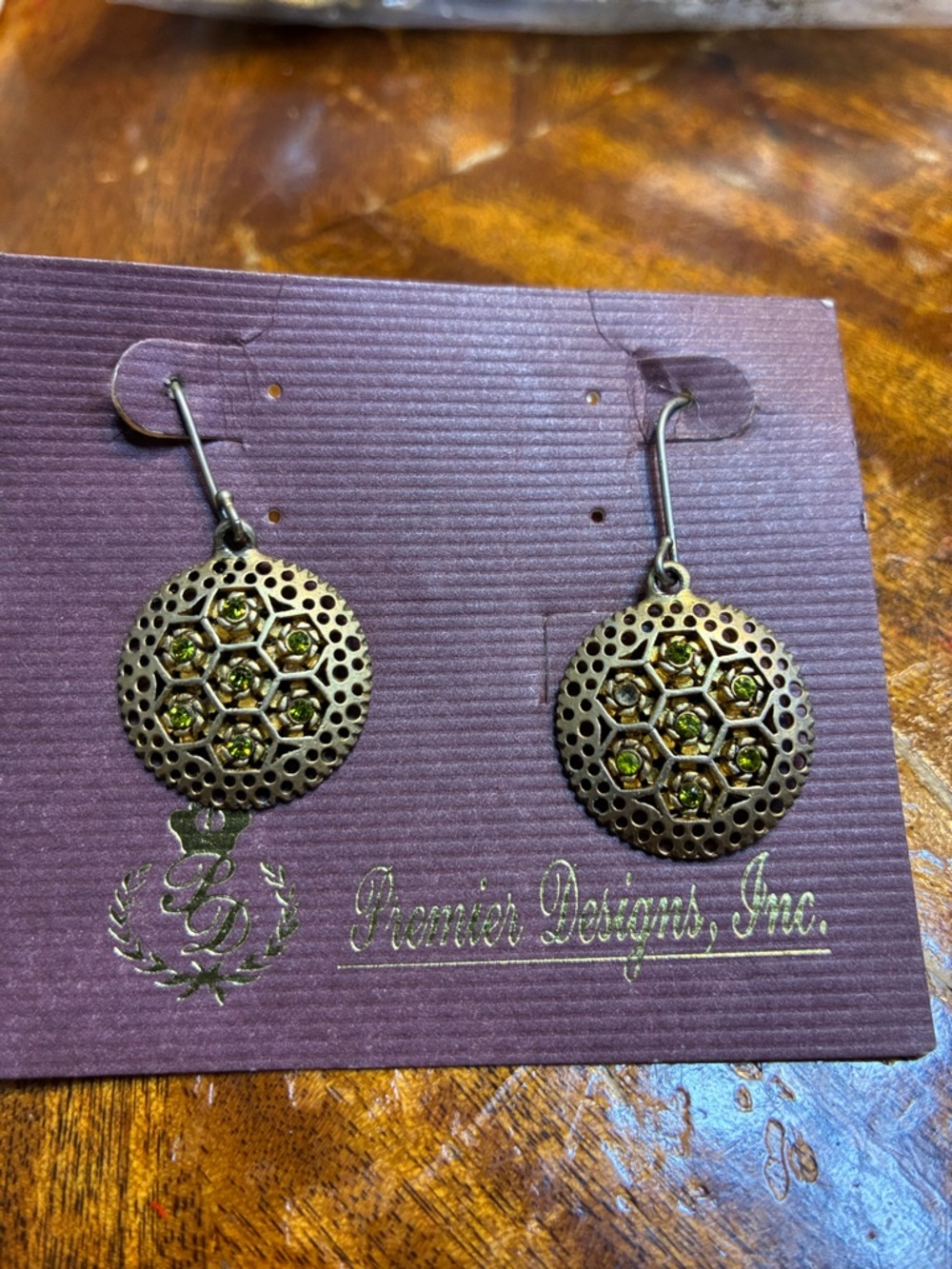 Premier Designs Bronze-Tone Honeycomb Drop Earrings with Green Stones